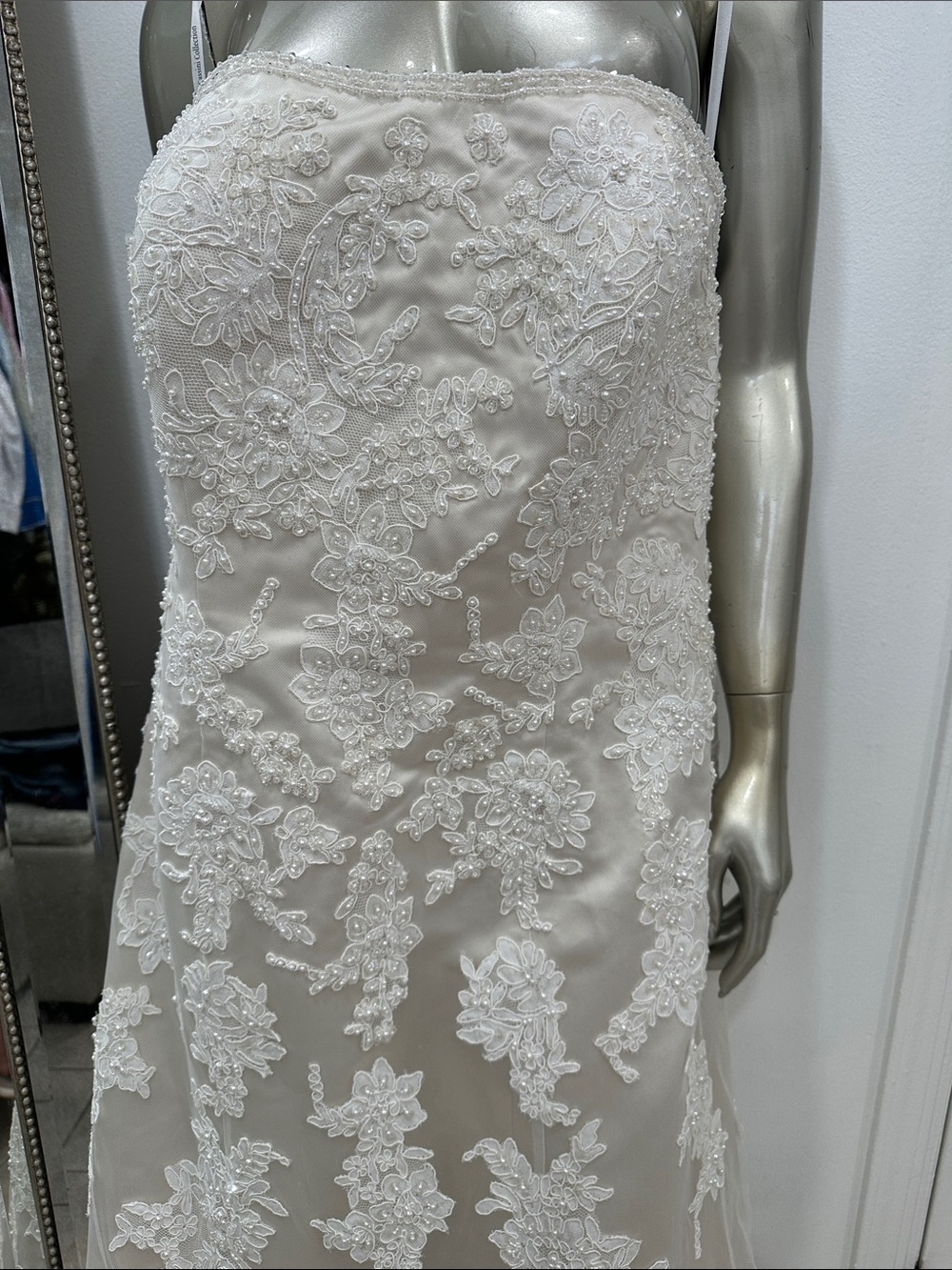 Davids bridal Oleg Cassini Strapless  Lace Appliqué Bridal Gown in Ivory champ